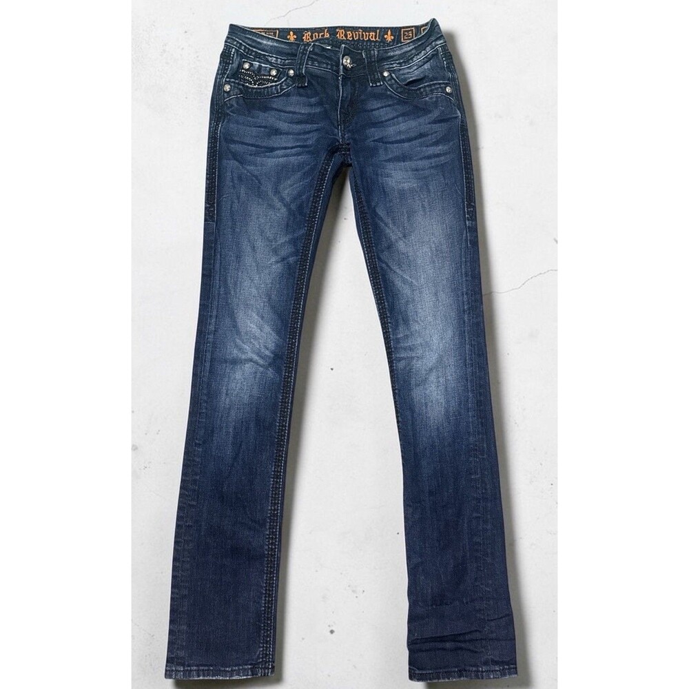 Rock Revival Darcy Straight Jeans Women’s Size 25 Fleur De Lis Embroidered 26x31
